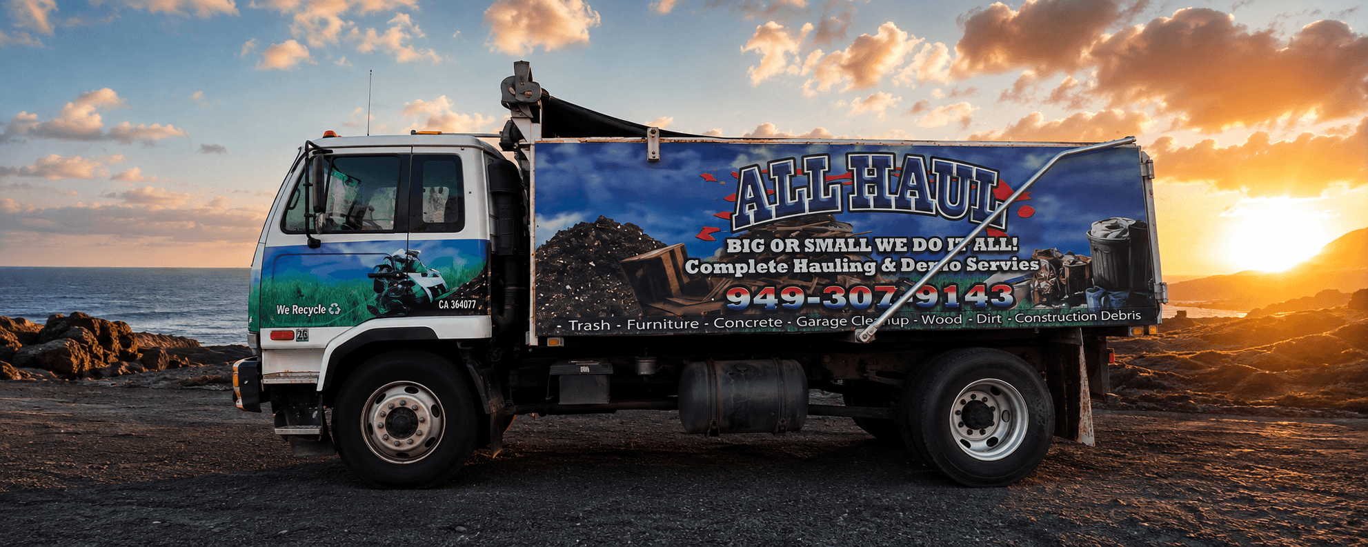 All Haul Inc. dump truck — Big or small, we do it all. Complete hauling and demo services, 949-307-9143.